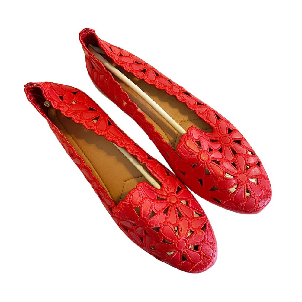 Stunning Bright Red Floral Flats - Perfect for Summer! - Picture 3 of 6